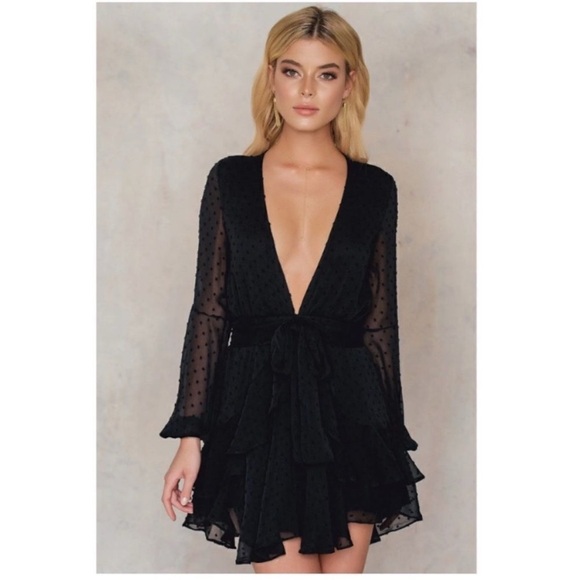 For Love And Lemons Black Noir Tarta Long Sleeve Plunge Dress Sz. Small - Picture 3 of 10